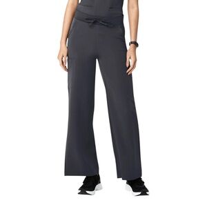 Mandala High-Waisted Wide Leg Scrub Pants Women's Size Large Petite Dark Grey